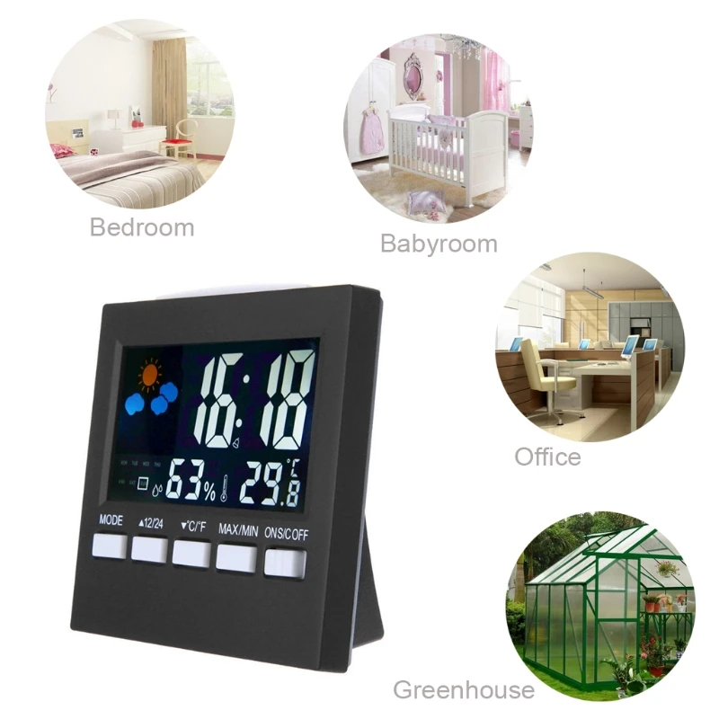 

Everlasting Digital Display Thermometer Humidity Clock Colorful LCD Alarm Calendar Weather