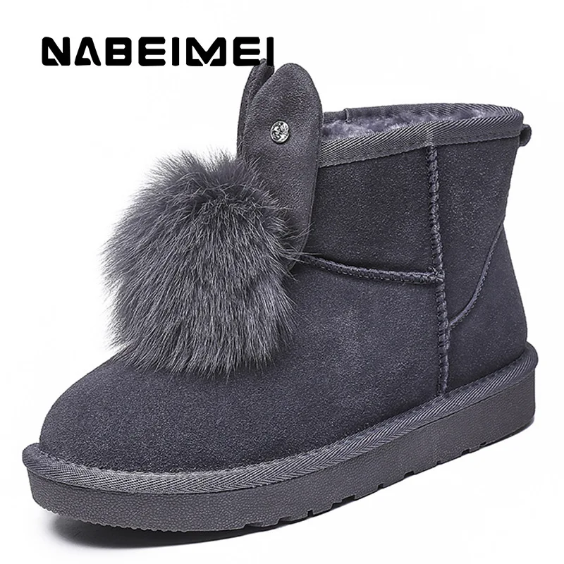 

Women's winter boots plush cute rabbit ears fashion ankle boots for women non-slip warm women genuine leather shoes
