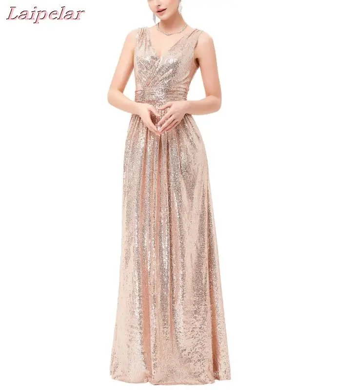 

Luxury Gold Silver Long Sequin Dress Double V Neck Cheap Gowns Sleeveless Prom Party Formal Dresses 0199