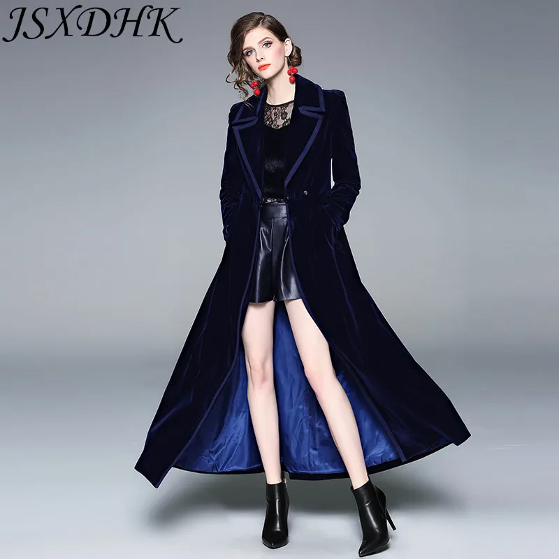 

JSXDHK High Quality Autumn Winter Women Warm Thick Velvet Blue Outwerwear 2024 Runway Designer Turn Down Collar Long Trench Coat