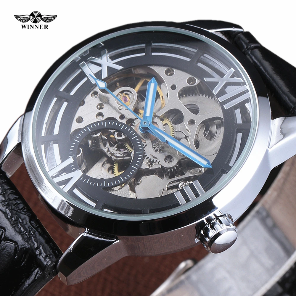 

Mens Skeleton Watches Top Brand Luxury T-WINNER Fashion Steel Case Roman Dial Leather Strap Men Clock Automatic Mechanical Watch