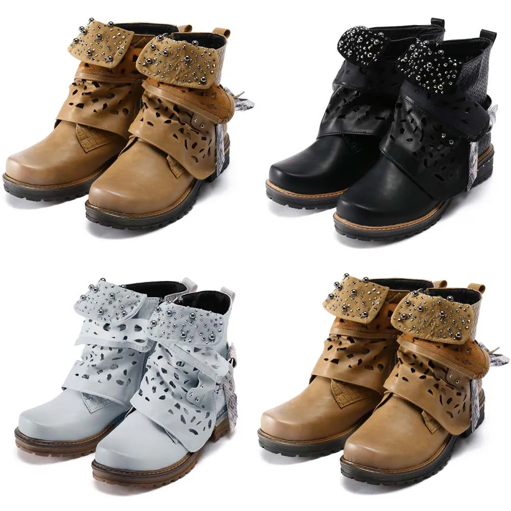 Женские ботинки в байкерском стиле; кожаные зимние короткие ботинки с заклепками; стильные женские ботильоны с острым носком на низком каблуке; теплые ботинки на меху в этническом стиле; Botas