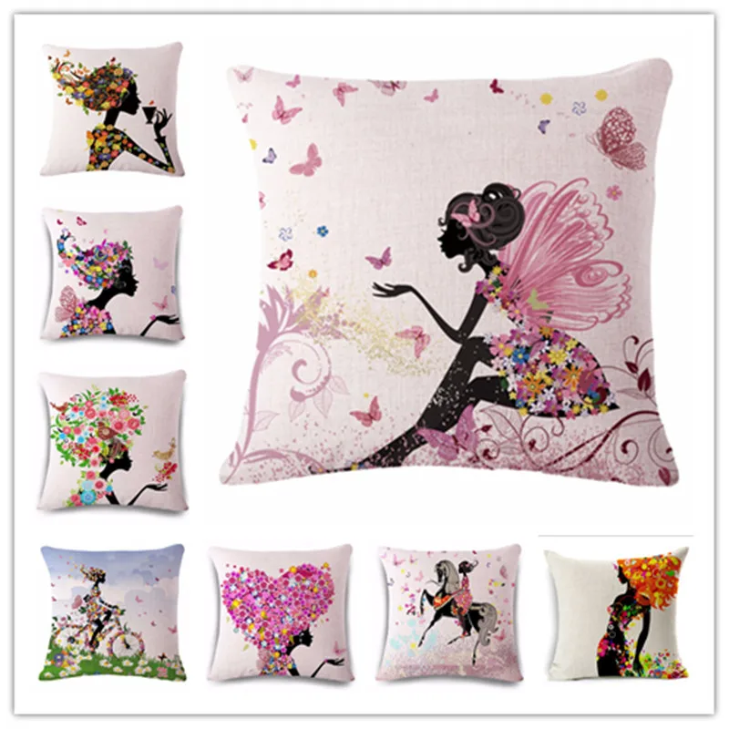 

Decorative Throw Pillows Case Flower Fairy Girl Butterfly Tree Cotton Linen Seat Cushion Cover for Sofa Decor Almofadas 45x45cm