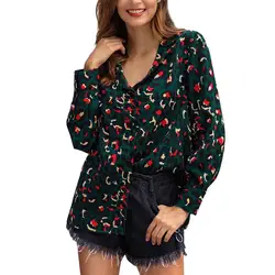 Весенние женские блузки Женская мода с v-образным вырезом с длинным рукавом плюс размер Леопардовый рубашки топы с принтом Леопардовый