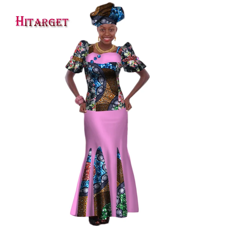 

2018 Bazin Riche African Print Summer Clothing 2 Piece Set with Headtie Women African Crop Top Long Tradition Skirt Set WY157