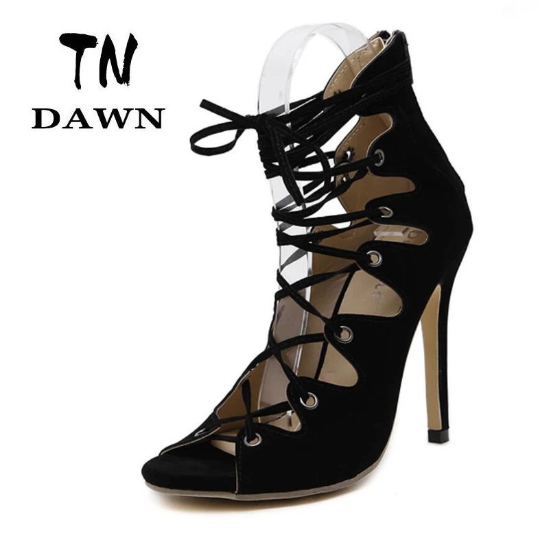 

Gladiator Super High Heels Black Flock And Suede Open Toe Ankle Strap Women Sexy Thin Pumps Sandal Stilettos Party Wedding Shoes