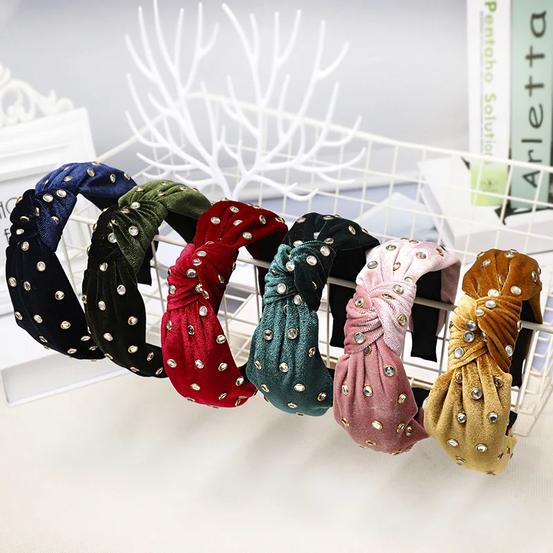 

Bohemian New Solid Color Soft Velvet Hairband Wide Hair Band with Metal Headband Crystal Hair Accessories For Women Girl
