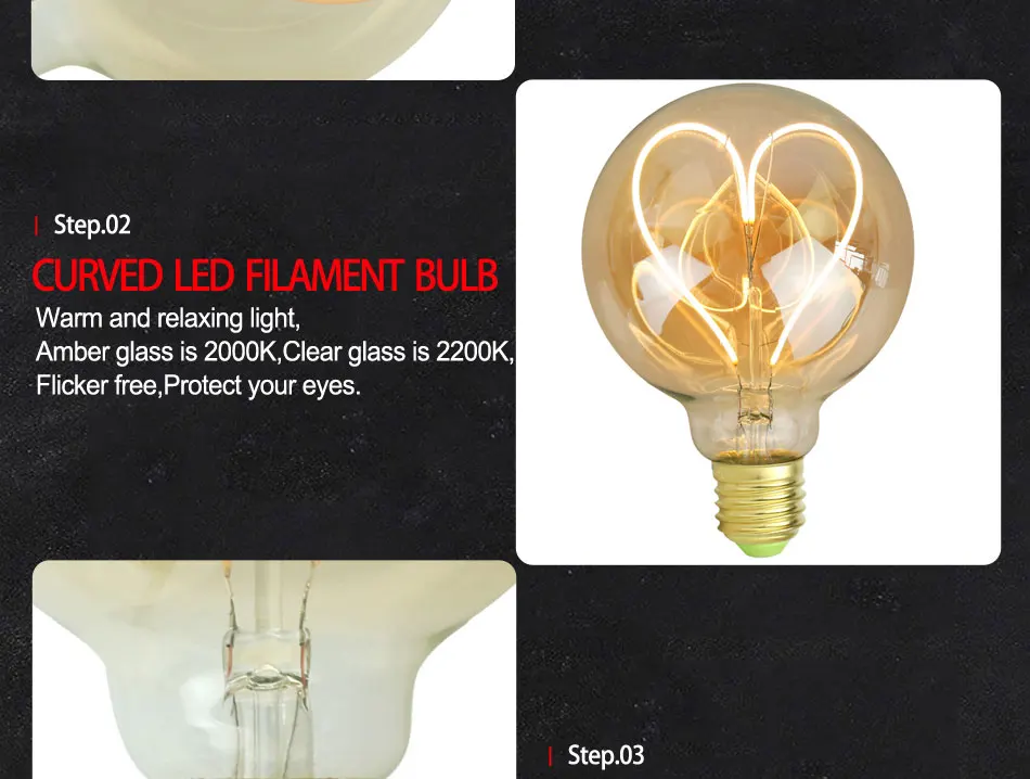G95 светодиодный светильник в винтажном стиле, глобус, тип, лампа Эдисона для любви, мягкий светодиодный светильник с регулируемой яркостью, янтарный, 220 В, 4 Вт, подвесной светильник, коммерческое освещение