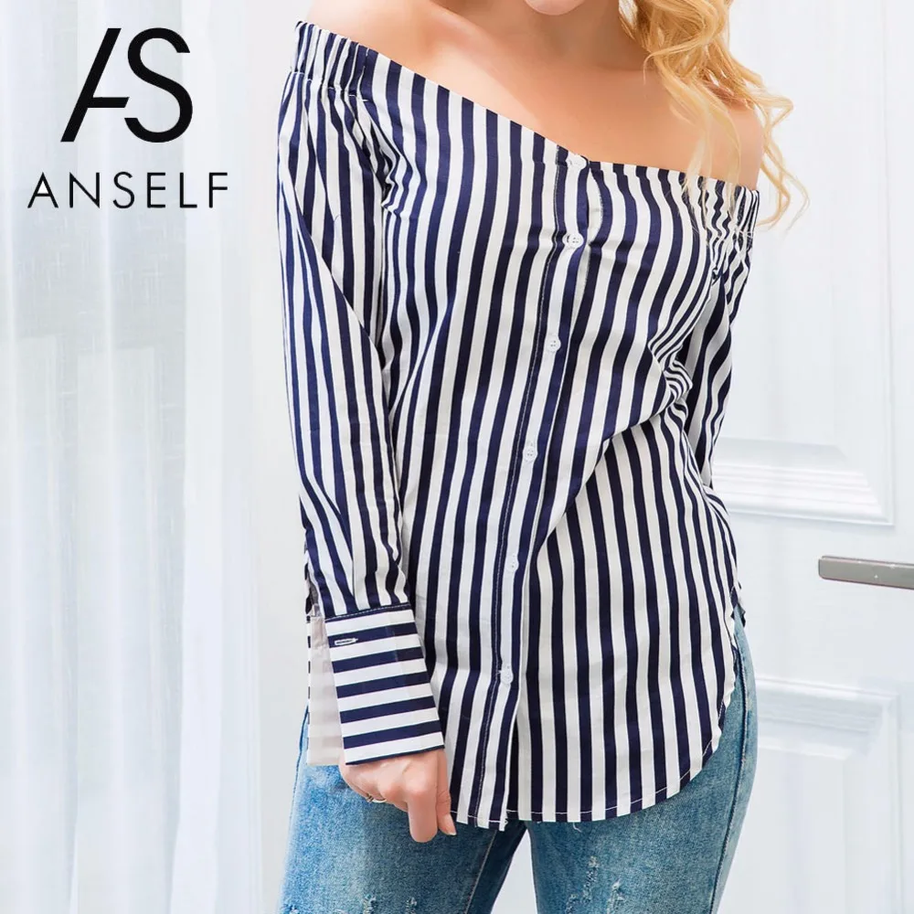 

ANSELF Fashion Autumn Striped Print Women Off Shoulder Blouse Winter Long Sleeve Shirt Women Tops Vintage Ladies Blouses Blusas