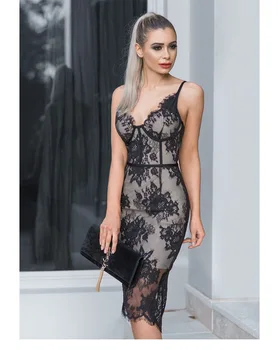 

Patchwork Sleeveless Lace 2019 Bandage New Dress Sexy Women Night Club Party Backless Body con Deep V-Neck Dresses Wholesale