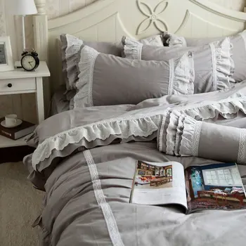 

Princess ruffle gray bed sets,twin full queen king girl cotton elegant fairyfair bedclothes bedspread pillow case quilt cover