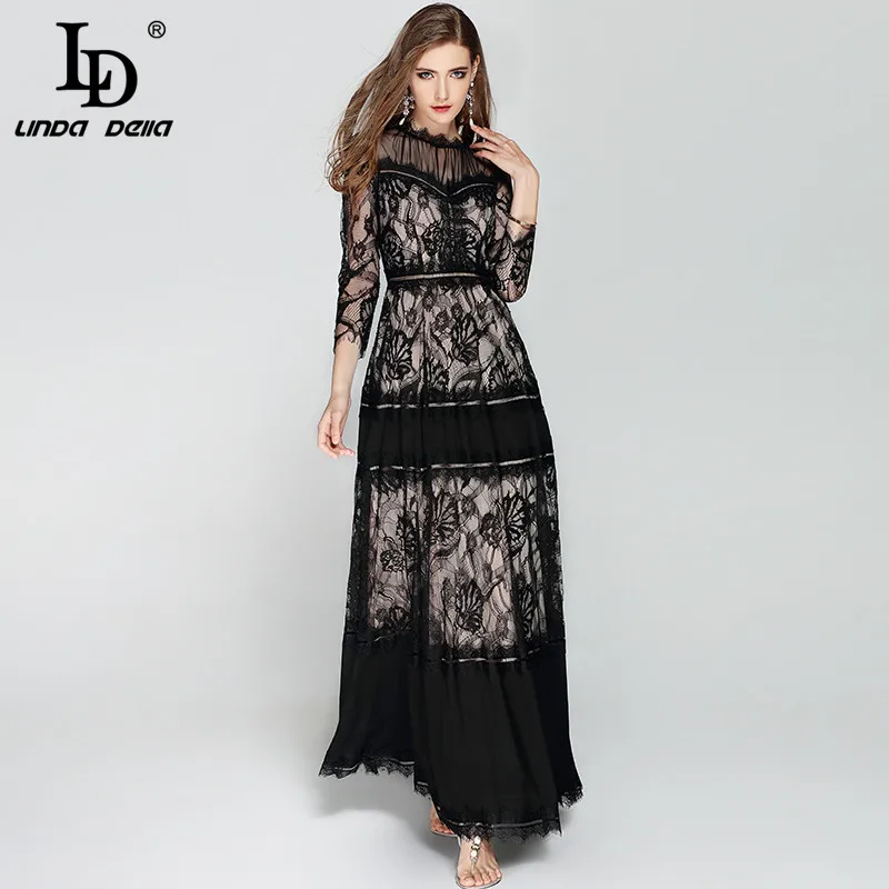 LD LINDA DELLA 2018 Fashion Designer Long Dress Women's 3/4 Sleeve Mesh Lace Patchwork Vintage Black Maxi Dress Party Dresses