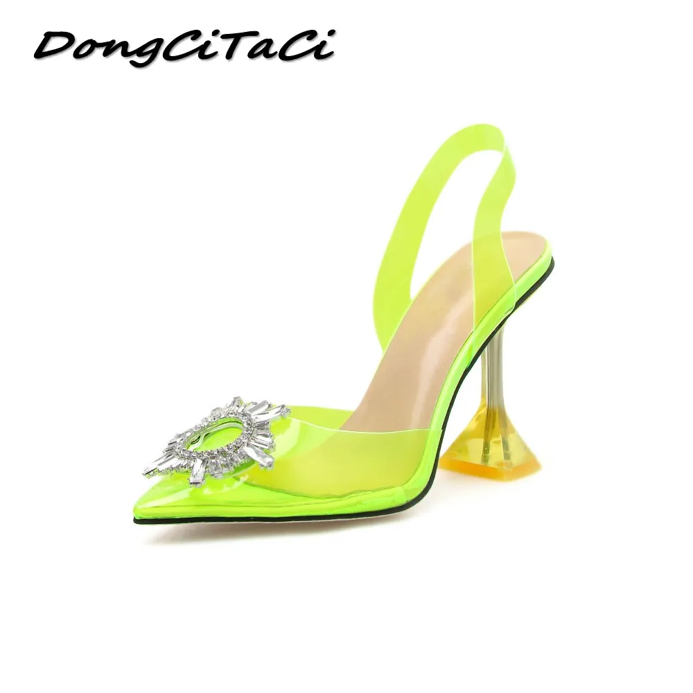 

DongCiTaCi Women Pumps High Heels Sandals Shoes Woman Neon Yellow Rhinestone Clear Transparent Pointed toe Party Wedding Sandals