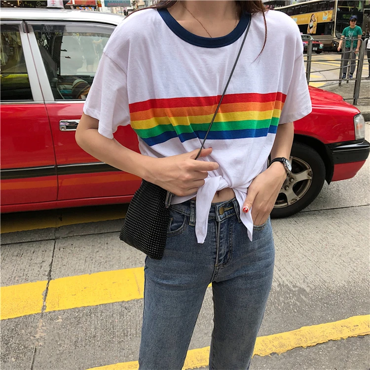 Летние топы для женщин 2018 красочные в радужную полоску lace up shirt пикантные Женские