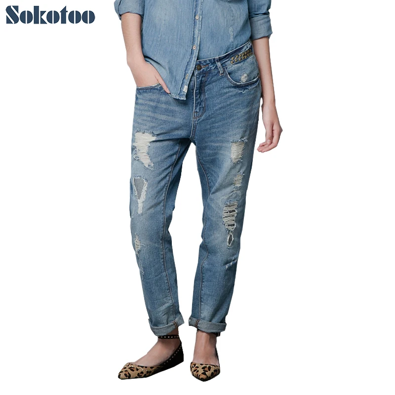 Women Plus Size Elastic Waist Scratched Bleached Denim