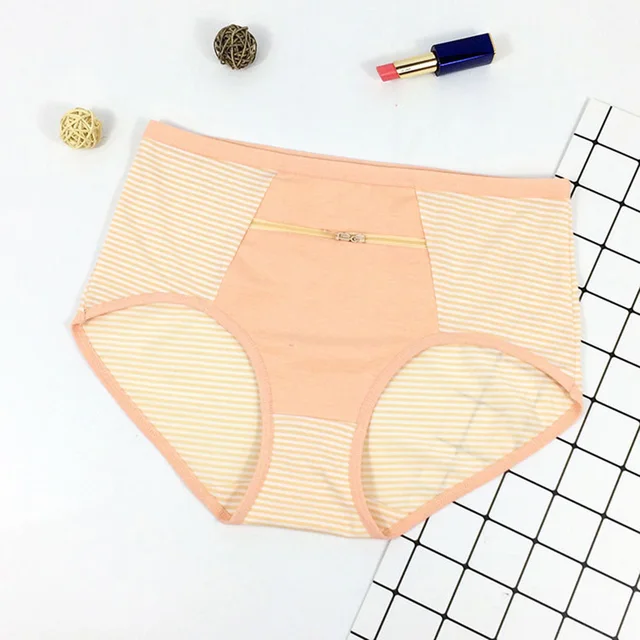 Women Zipper Pocket Panties Big Size Underwear Female Cotton Briefs Solid Zipper Lingerie Female