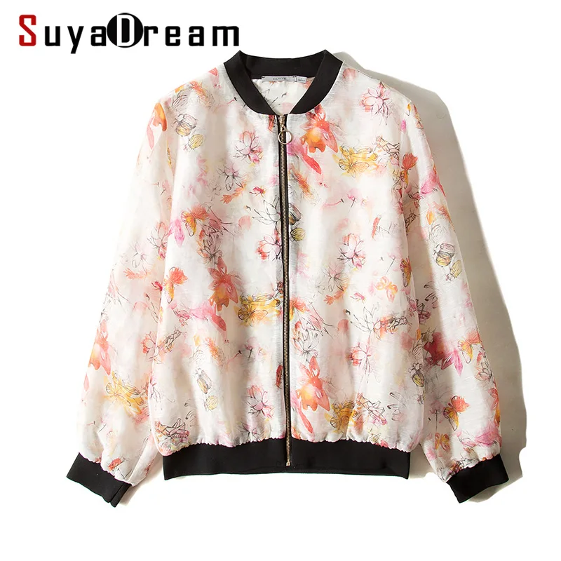 

Women Jacket 50%Mulberry Silk 50%Linen Casual Zipper Floral Printed Jackets 2021 Fall Winter New Outwear