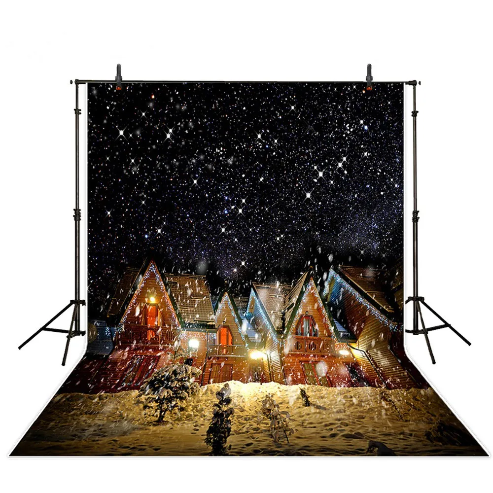 

Winter Snow New Year House Village Tree Snowflake photo backdrop Vinyl cloth Computer printed christmas Backgrounds for sale