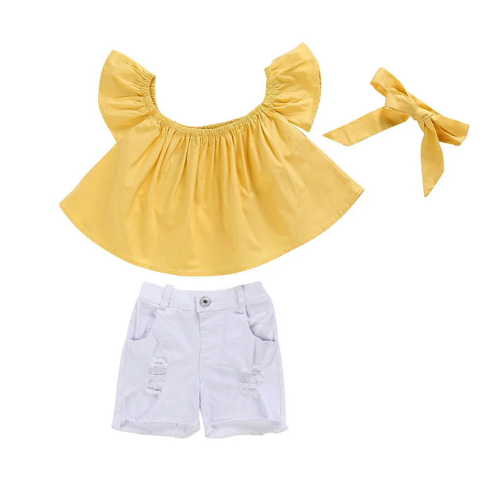 Модная крутая футболка с открытыми плечами для маленьких девочек, 6 цветов, топ и шорты, детские штаны, костюм, комплект одежды, хит, Прямая поставка, ST27
