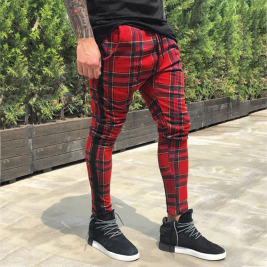 men’s trousers Long Casual Sport Pants Slim Fit Plaid Trousers Running Joggers Sweatpants male pants