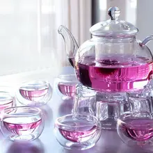 Стеклянный цветочный чайник/кофеварка, 1 шт. 600 мл кружка+ 6 шт. двойная чашка+ 1 шт. в форме сердца нагревательная база для продажи