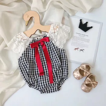 

newborn baby clothes summer baby rompers Lattice pattern lace sleeve stitching romper toddler girls jumpsuit