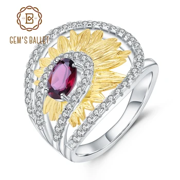 

GEM'S BALLET 1.00Ct Natural Rhodolite Garnet Fine Jewelry 925 Sterling Silver Handmade Sunflower Rings for Women Bijoux