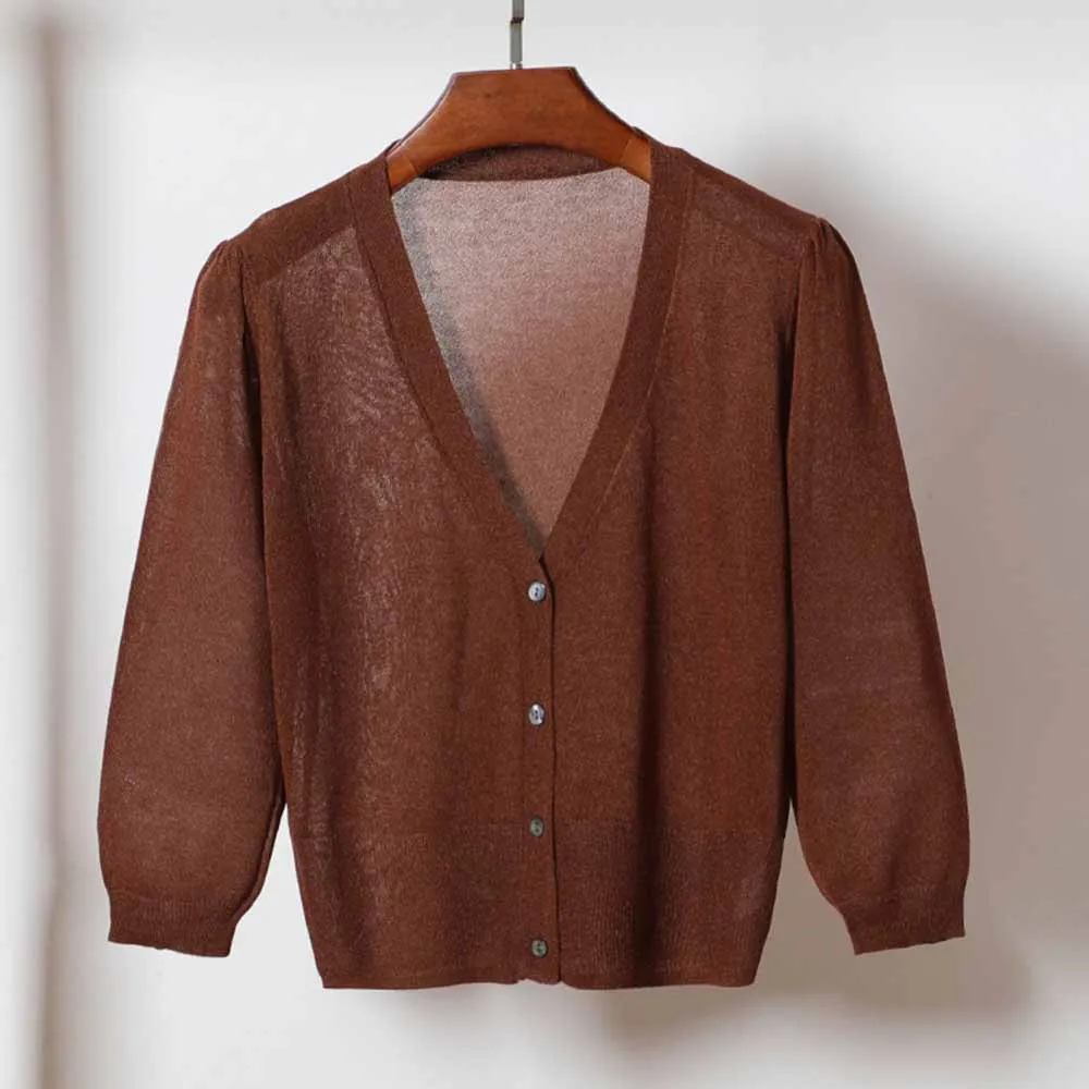 Sisjuly женщины вязаные тонкий короткий кардиган свитер осень тонкое пальто твердые мода плюс размер 4XL повседневная укороченный свитер женский топ - Цвет: Brown