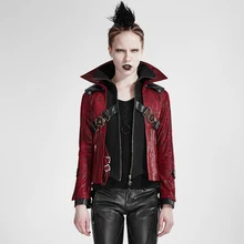 Gothic Vintage Women Stand Collar Short Leather Coats Autumn Winter Red Black Spliced Rock Punk Jackets Super Cool Outerwear