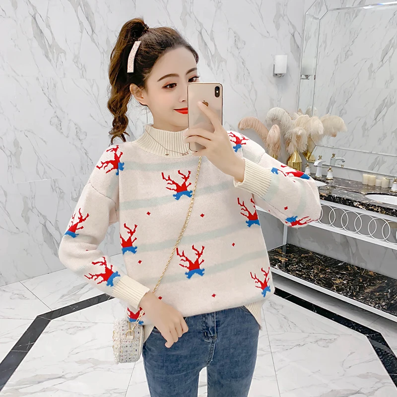 

MUMUZI Real Photo Christmas Elk red sweater women loose thin long-sleeved bottoming sweater striped white and black warm tops
