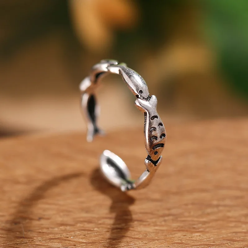 

925 Sterling Silver Jewelry Vintage Fish Rings for Women Girls High Quality Adjustable Ring Birthday Jewelry Anillos JZ330