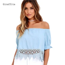 Elegant Blue Off Shoulder Female Blouse Shirt Sexy Summer 2017 Blouse Women Tops Half Sleeve Crochet Lace Charming Clothing