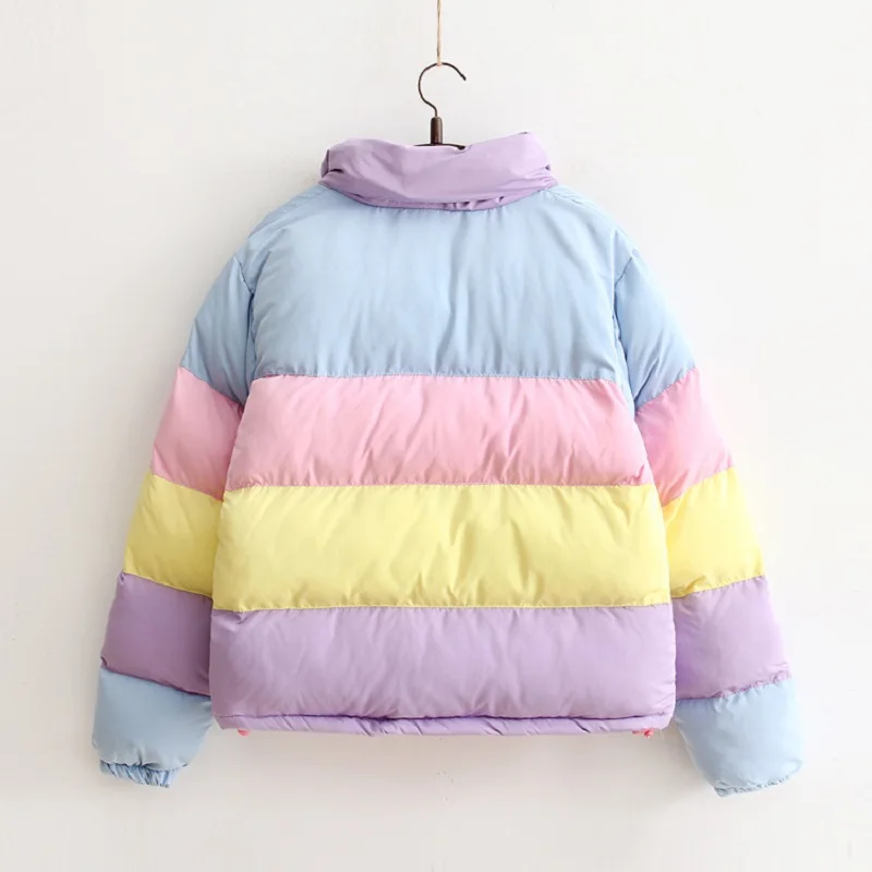 amazing  Harajuku Rainbow Jackets with Removable Hat for Women All-match Thick Clothing Loose Rainbow Splici