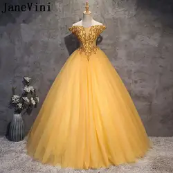 JaneVini Vestidos Роскошные бисером мать невесты платья 2018 линия Лодка шеи Тюль Иллюзия Золото Вечерние платья этаж длина