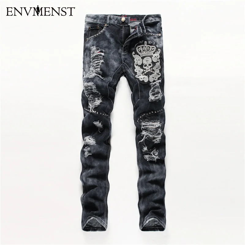 

European American Style men fashion jeans cotton luxury quality slim skulls brand Straight men hole jean black denim trousers
