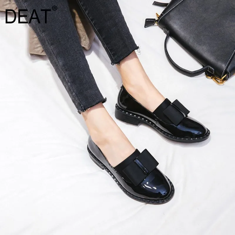 

[DEAT] 2019 New Spring Summer Round Toe Shallow Pu Leather Casual Simple Bowknot Single Flat Shoes Women Fashion Tide 10D098