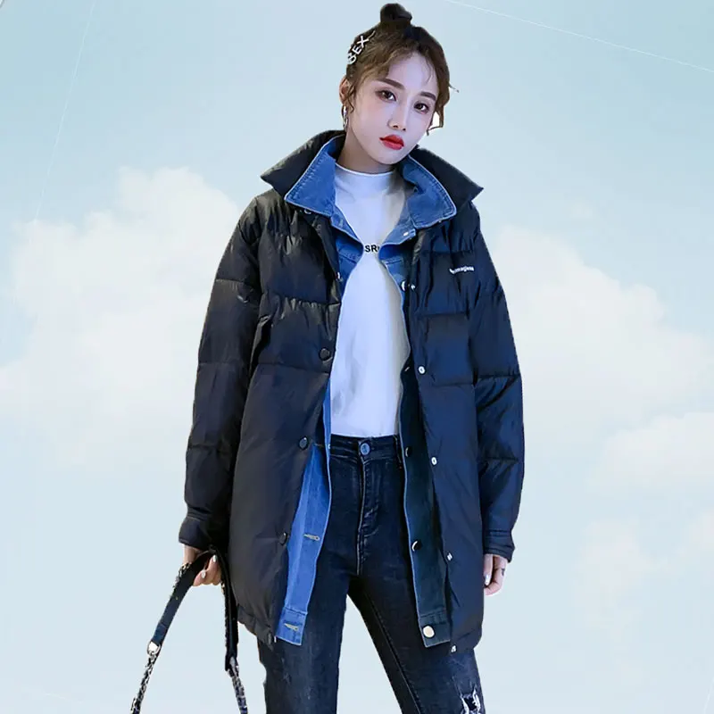 

Light Down Coat Womens 2019 Winter Denim stitching Jacket Quality White Duck Down Jackets Loose Outerwear Warm Women Parka TY420