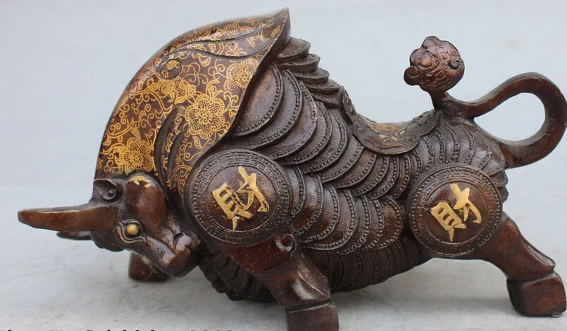 

bi003640 12" Chinese Feng Shui Bronze Gilt Zodiac Year Bull Ox Cattle Money Wealth Statue