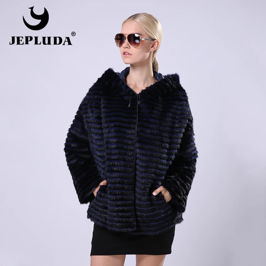 

JEPLUDA Women's Mink Fur Coat with Hood Rex rabbit and mink fur jacket Double sided for winter Real Fur Coat Winter Jacket Women