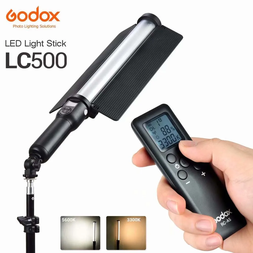 

Godox LC500 Handle LED Light Stick 3300K-5600K Adjustable Built-in lithiunm Battery + Remote Control Lighting + AC Power Charger
