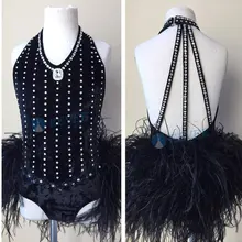 Новинка, черное бархатное боди с перьями стразы, открытая спина, танцевальная одежда, костюм для вечеринки, сценическая Клубная одежда, одежда для певца