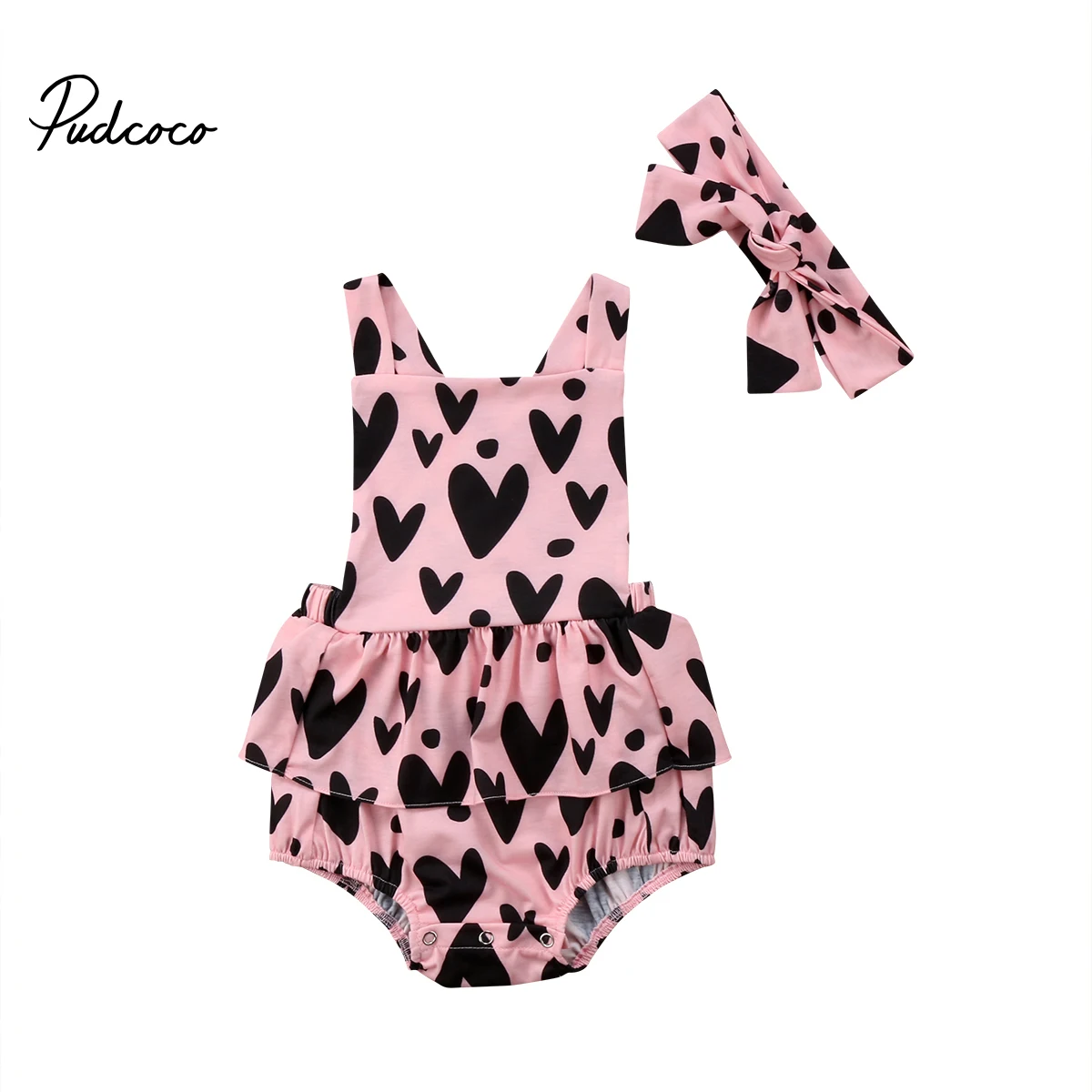 

2018 Brand New Toddler Infant Newborn Baby Girls Sleeveless Backless Ruffles Heart Bodysuit Dress Headband 2Pcs Heart Print Sets