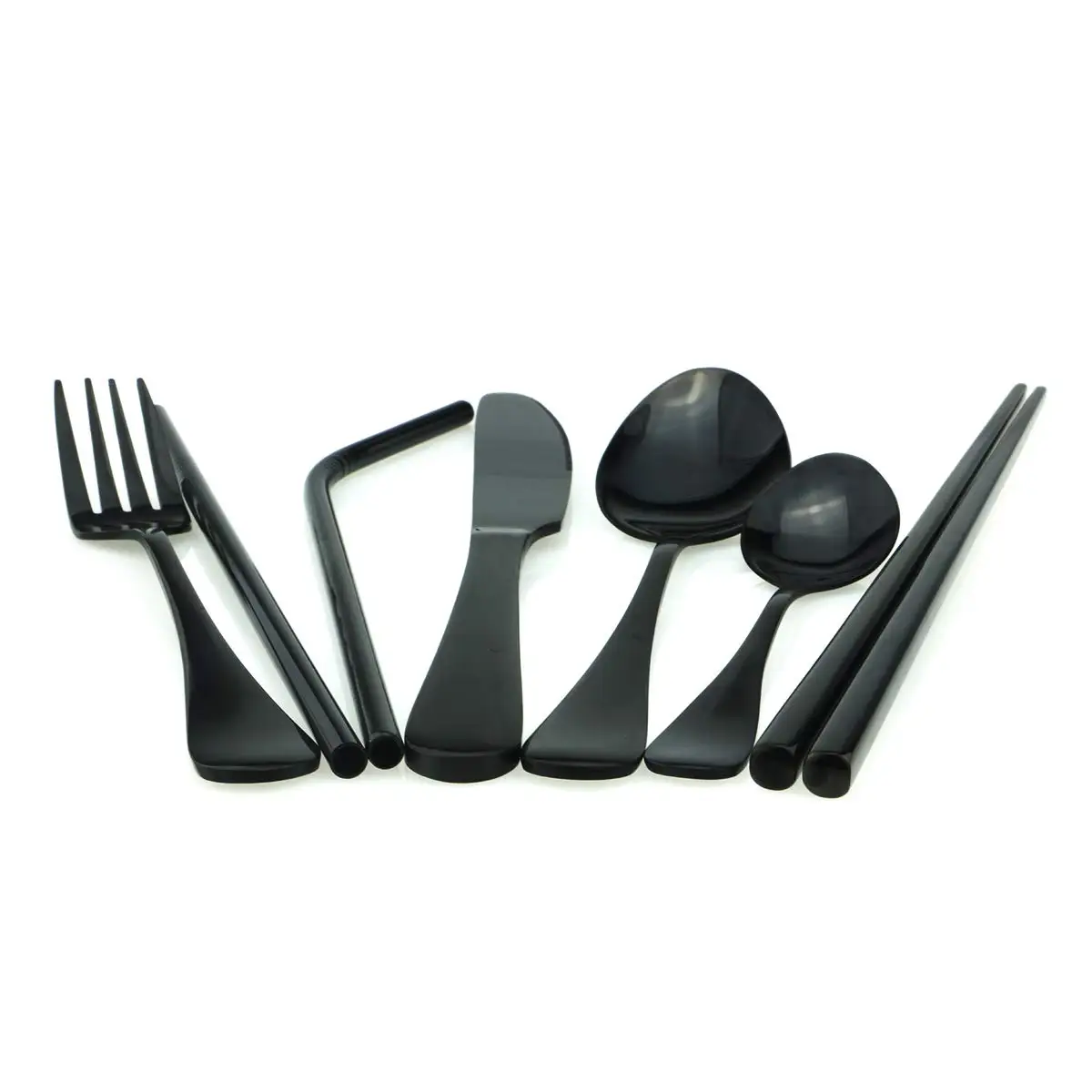 Высококачественный набор столовых приборов из нержавеющей стали 18/8, черный набор посуды, черная посуда, нож, вилка, чайная ложка, палочки для еды, соломинка, мешочек, набор