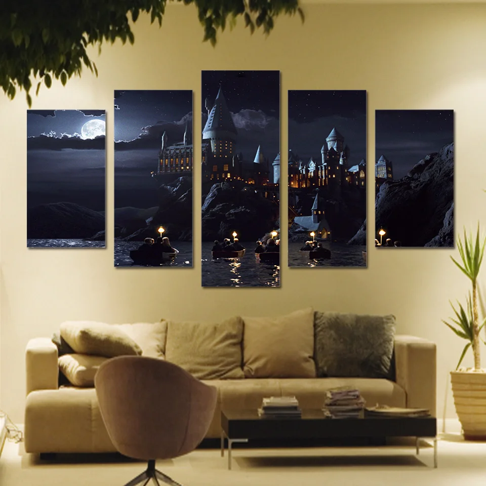

Canvas Poster Frame HD Printed Home Decor Modular Pictures 5 Panel Night View Harry Potter Castle Living Room Wall Art Painting