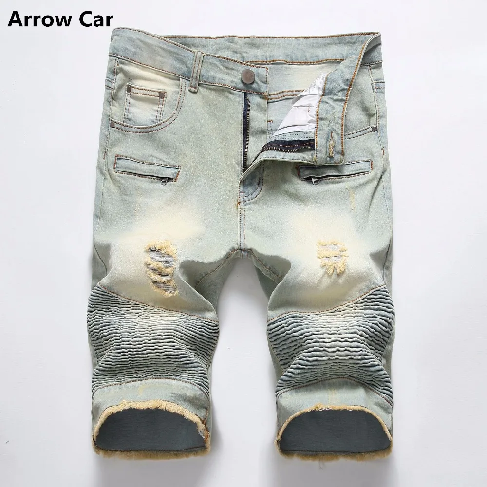 Стрелка автомобиль Для мужчин Джинсовые шорты летние классические тонкий прямой отверстие плиссированные молния Локомотив мужской шорты Хлопковые джинсы шорты для M