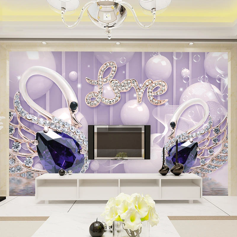 На заказ Фреска романтическая фиолетовая 3D Лебедь Драгоценности любовь фото обои Гостиная ТВ диван фон настенное покрытие 3D Papel де Parede