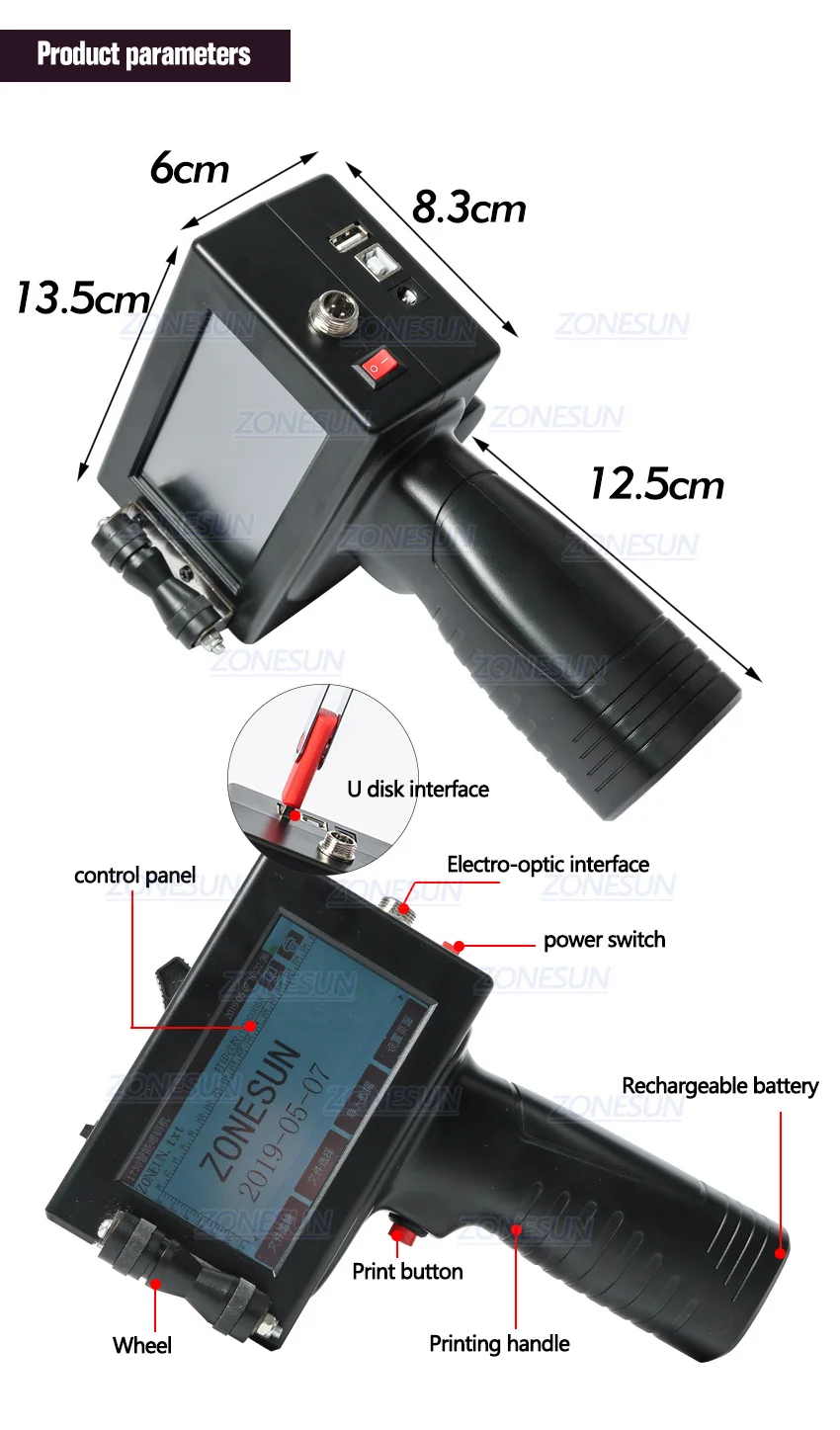 ZONESUN ручной светильник для струйного принтера с чернилами и датой, кодировочная машина, светодиодный дисплей для логотипа торговой марки