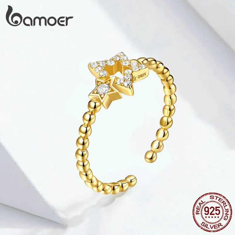 Bamoer шины Double Star золото Цвет регулируемое кольцо на палец для обручального кольца для Для женщин корейский стиль 925 пробы серебро Модные украшения режим SCR561