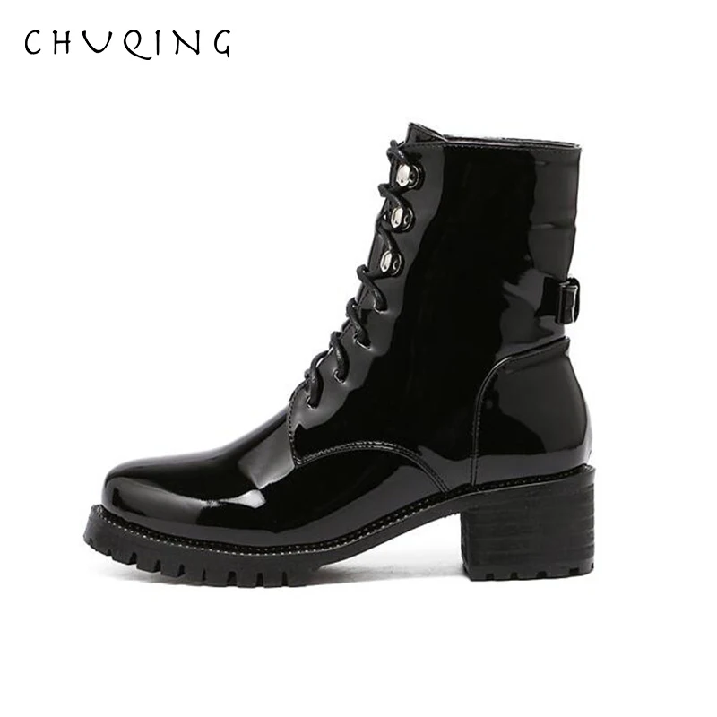 

CHUQING 2019 Autumn and Winter Explosion Models Locomotive Patent Leather Women's Boots Thick with Short Boots Women's Boots