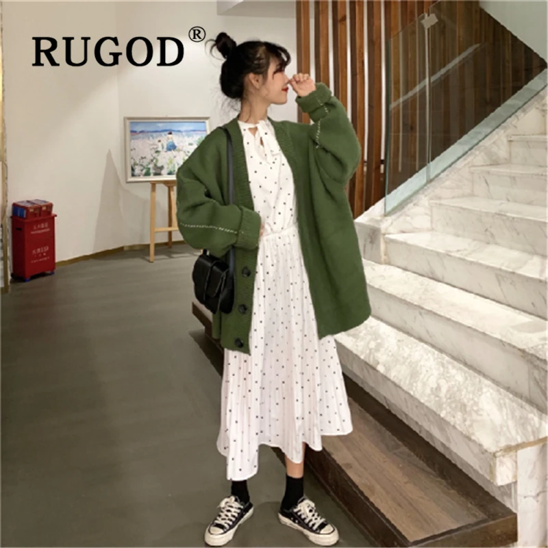 

RUGOD Korean new knitted women knitted sweater women Fahion V neck single-breasted thicked ladies Cardigan Auturm winter coat